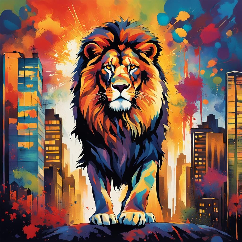 Majestic Lion in Abstract Cityscape