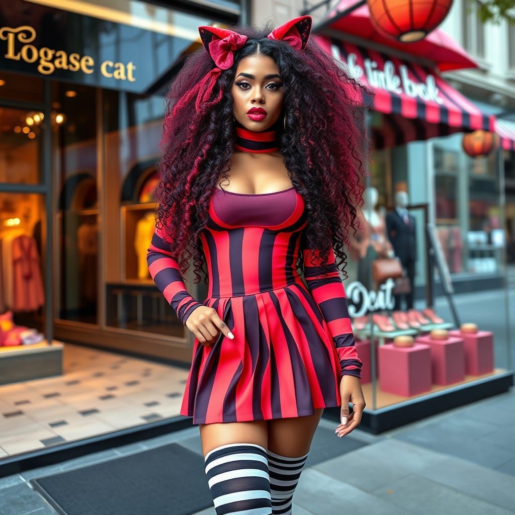 Whimsical Fashion Model in Striped Cheshire Cat-Inspired Ens...