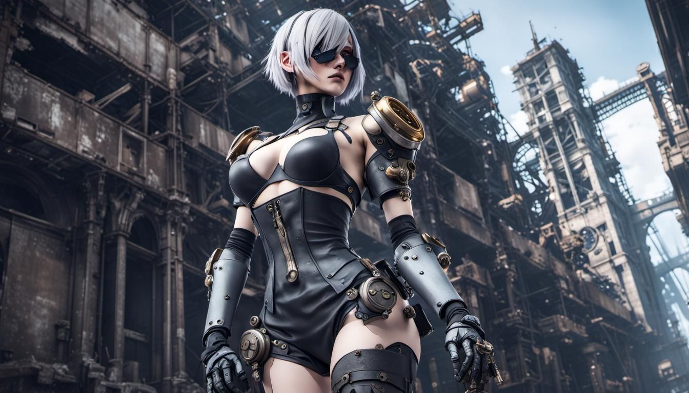 JYoRHa 2B vs Steampunk Robot in City Ruins