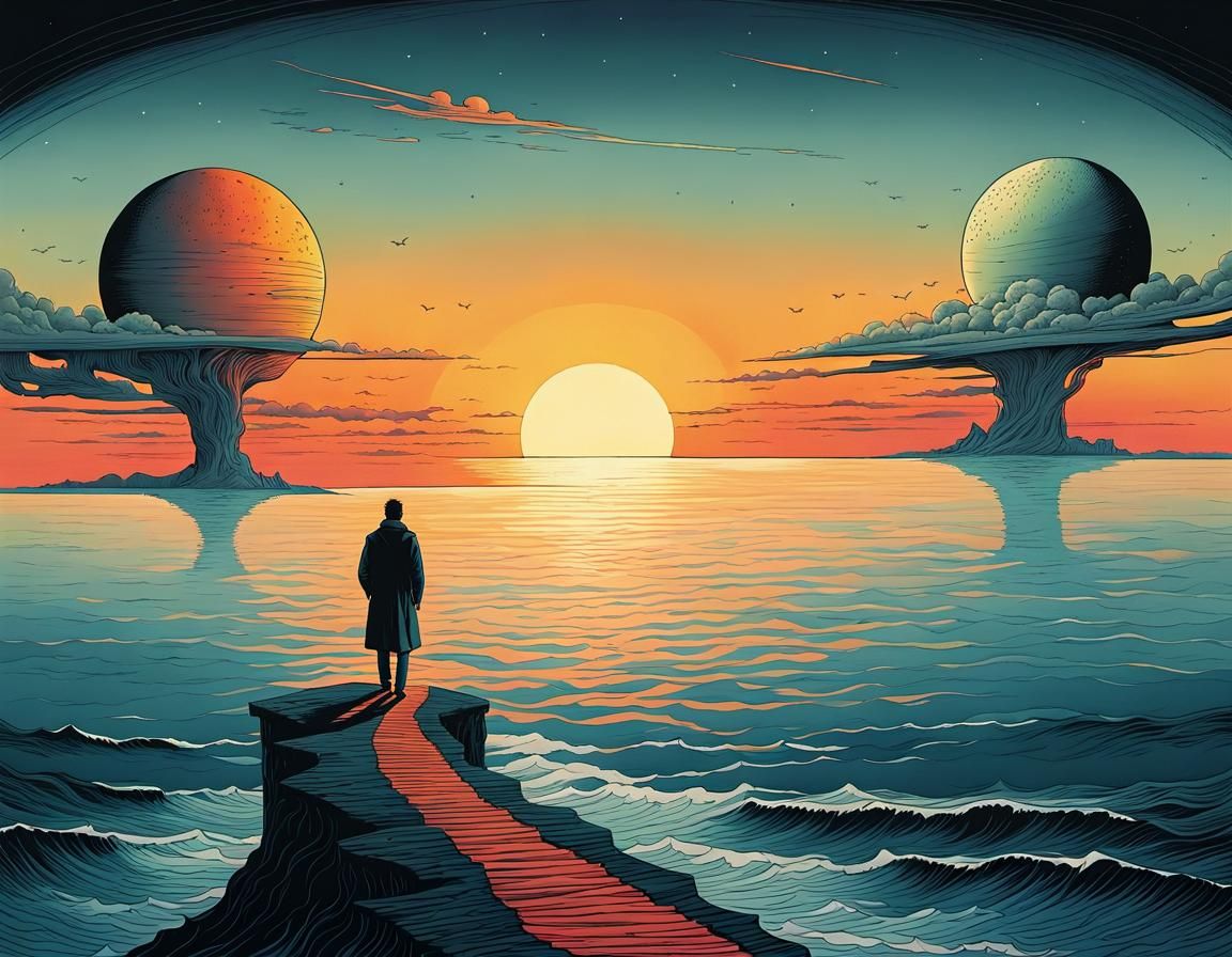 Vast Space Ocean Sunset in Illustrative Style