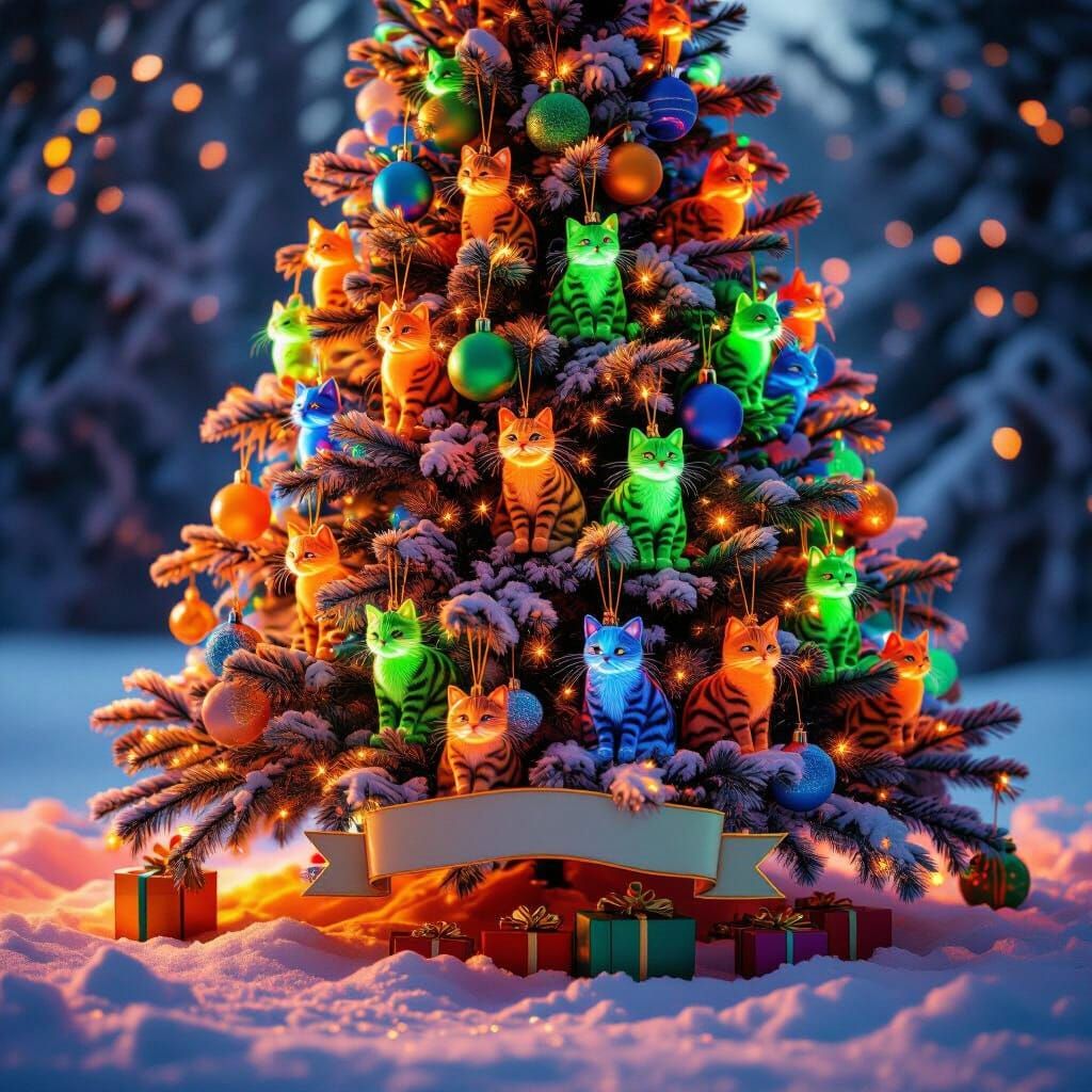 Fairytale Christmas Tree with Tabby Cat Ornaments in Snow
