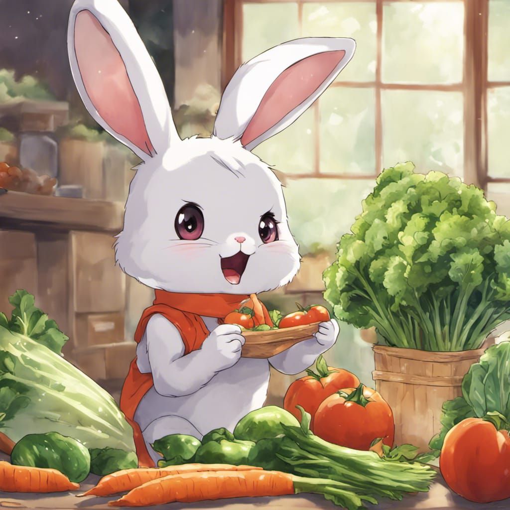 Cute Rabbit Eating Vegetables in Anime Style