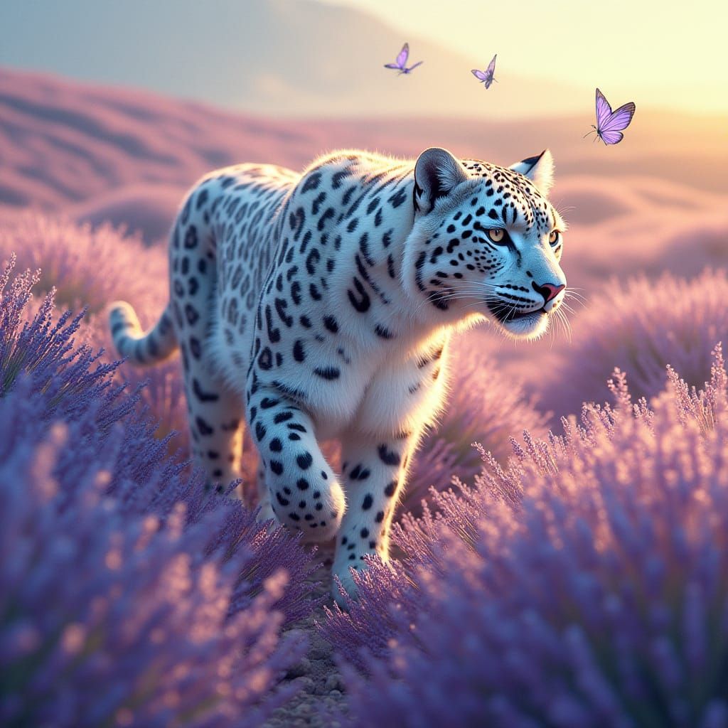 Snow Leopard in Lavender Fields, Dreamlike Scene