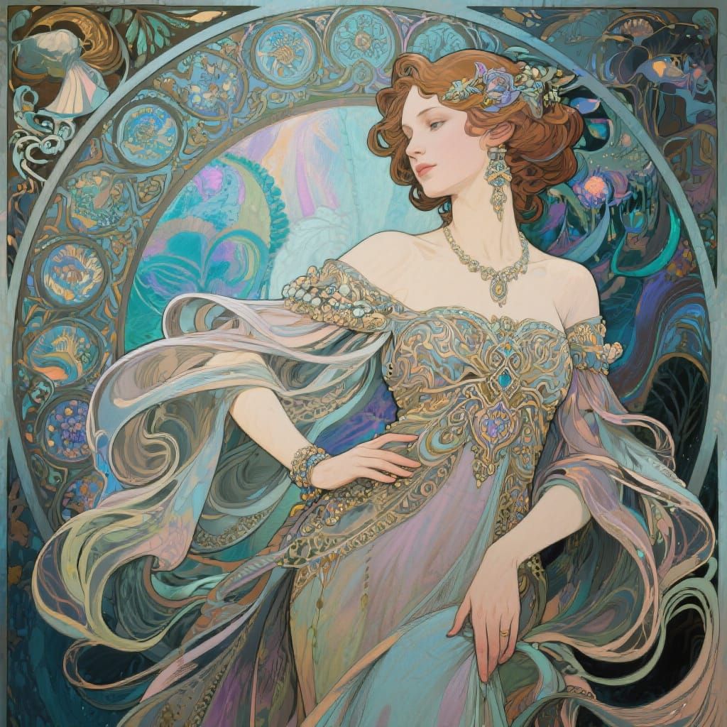 Elegant Woman in Flowing Attire, Art Nouveau Style
