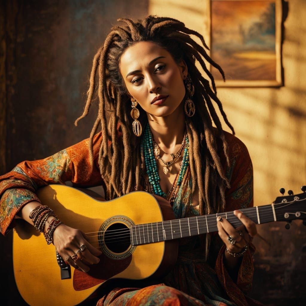 Peaceful Hippie Woman Plays Vintage Acoustic Guitar