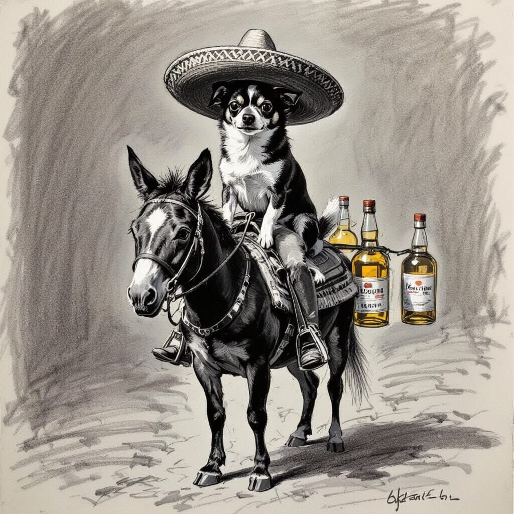 Chihuahua Riding Donkey in Chalk Style