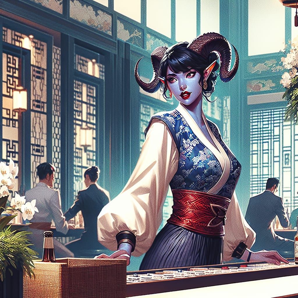 Stunning Tiefling Barmaid in Modern Japanese Style