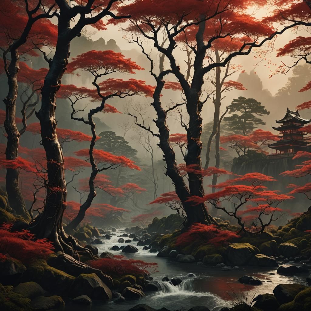 Mystical Japanese Wall Art in Golden Light