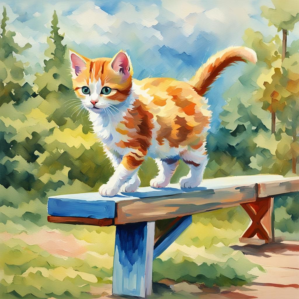 Kitten Balances on Beam in Gouache Watercolor Style