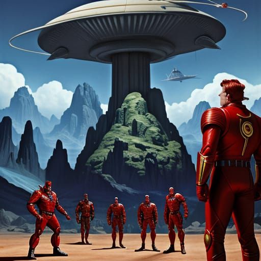 Flash Gordon on Alien Planet in 1950s Sci-Fi Style