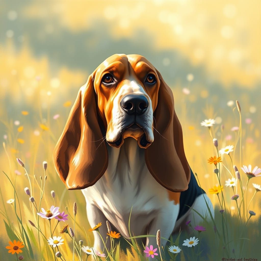 Basset Hound in Sunlit Meadow, Impressionistic Style