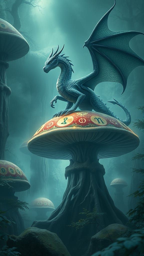 Majestic Dragon on Giant Mushroom in Mystical Forest