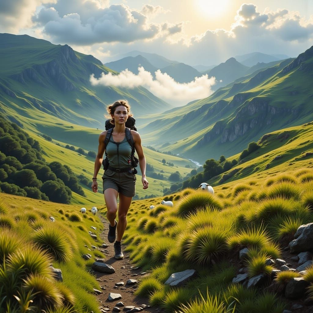 Woman Running Down Welsh Hill at Golden Hour