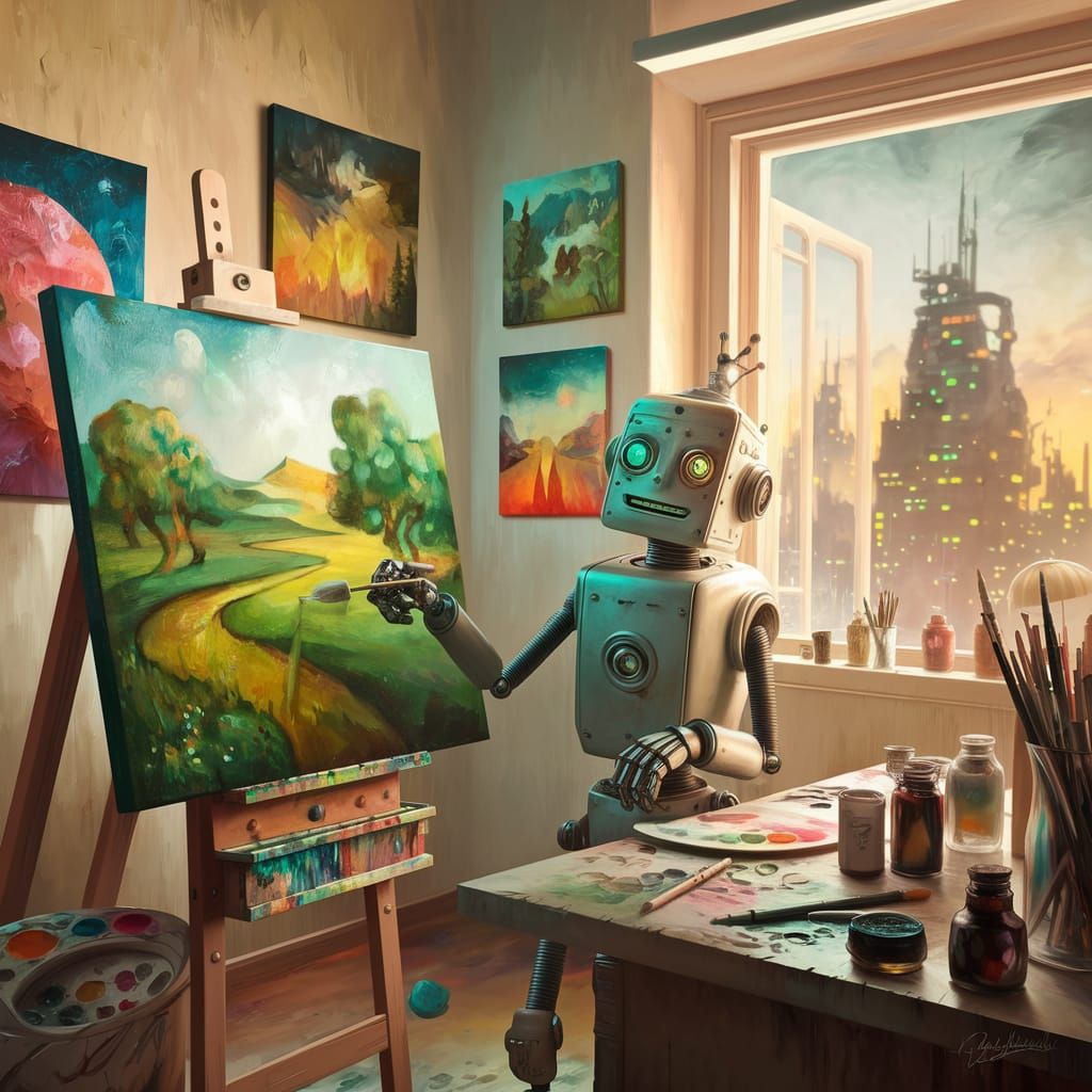 Robot Artist in Atelier Painting a Futuristic Landscape