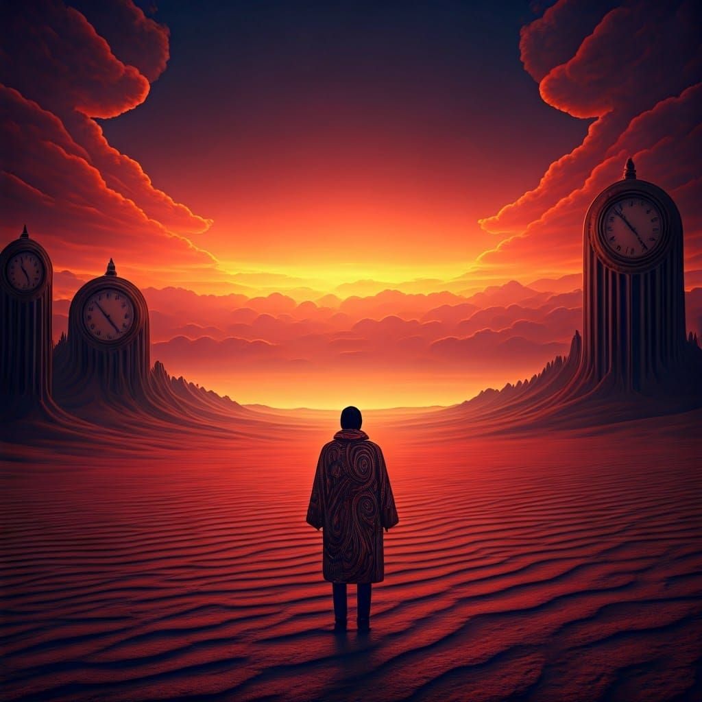 Surrealist Figure Stands at Edge of Vast, Burning Desert Lan...