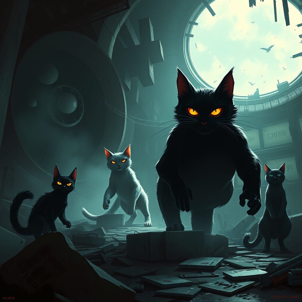 Whimsical Cats Lurking in an Abandoned Arena