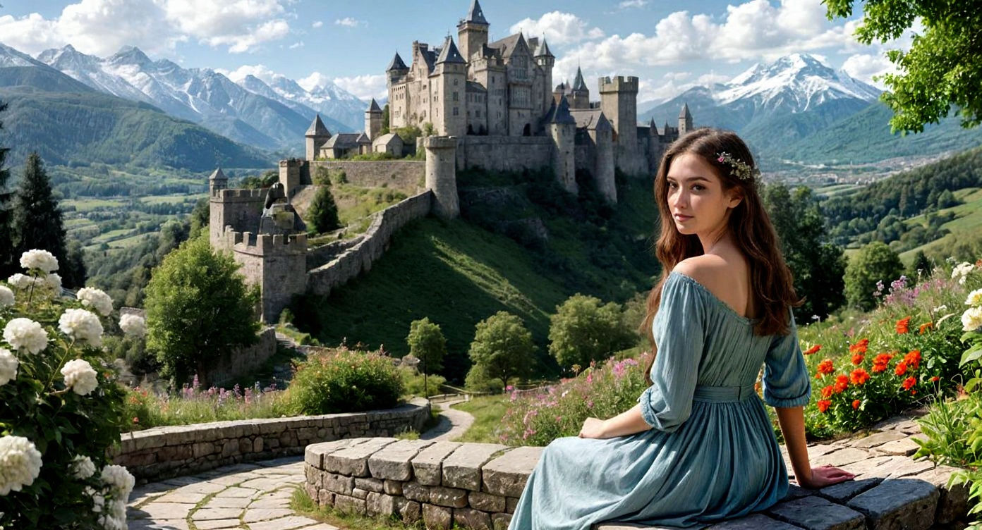 Medieval Woman in Sunny Flower Garden