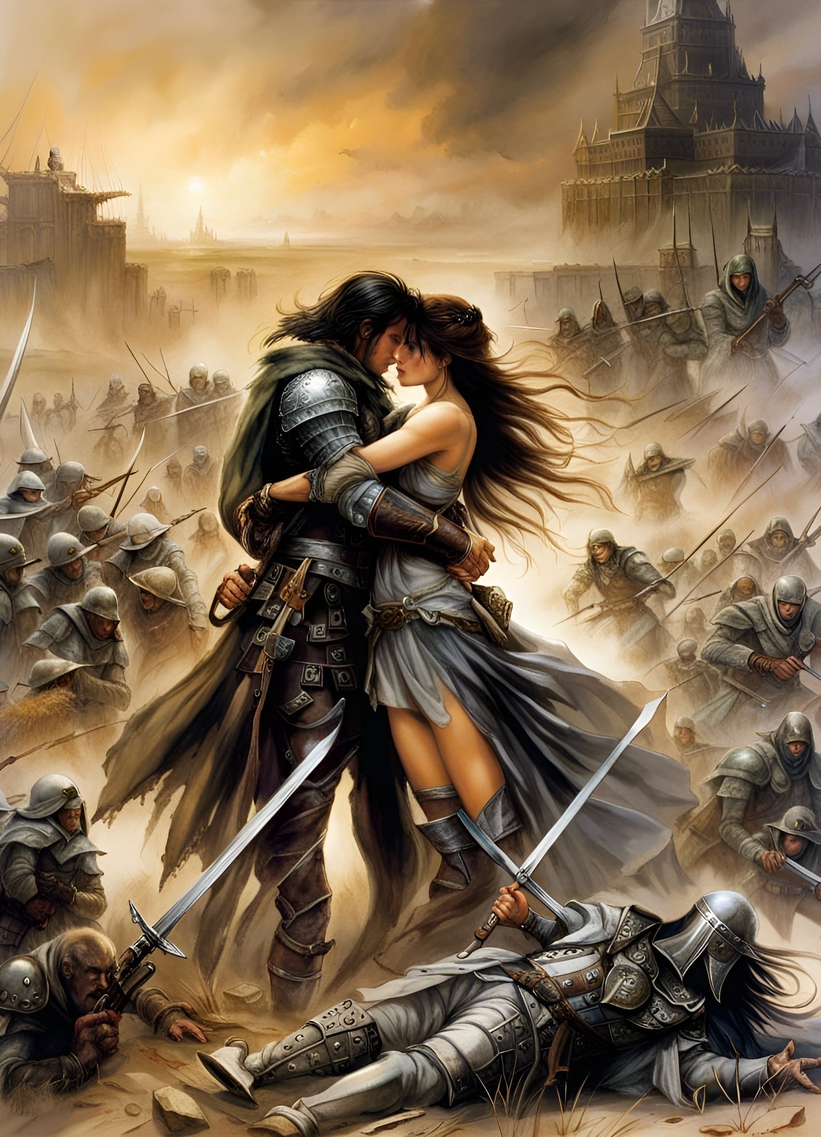 Adventurers' Embrace on a Battlefield in Dark Fantasy Style