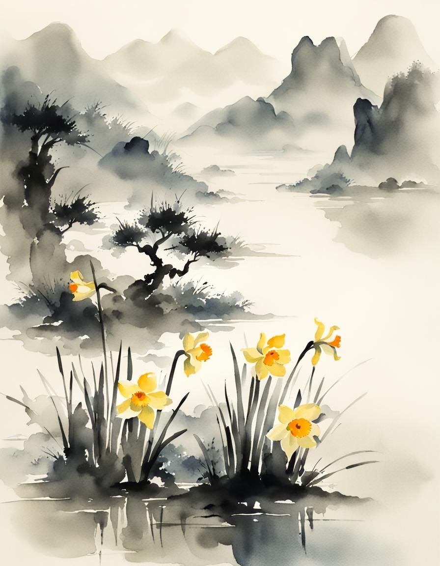 Lonely Narcissus in Mist: Chinese Watercolor Style