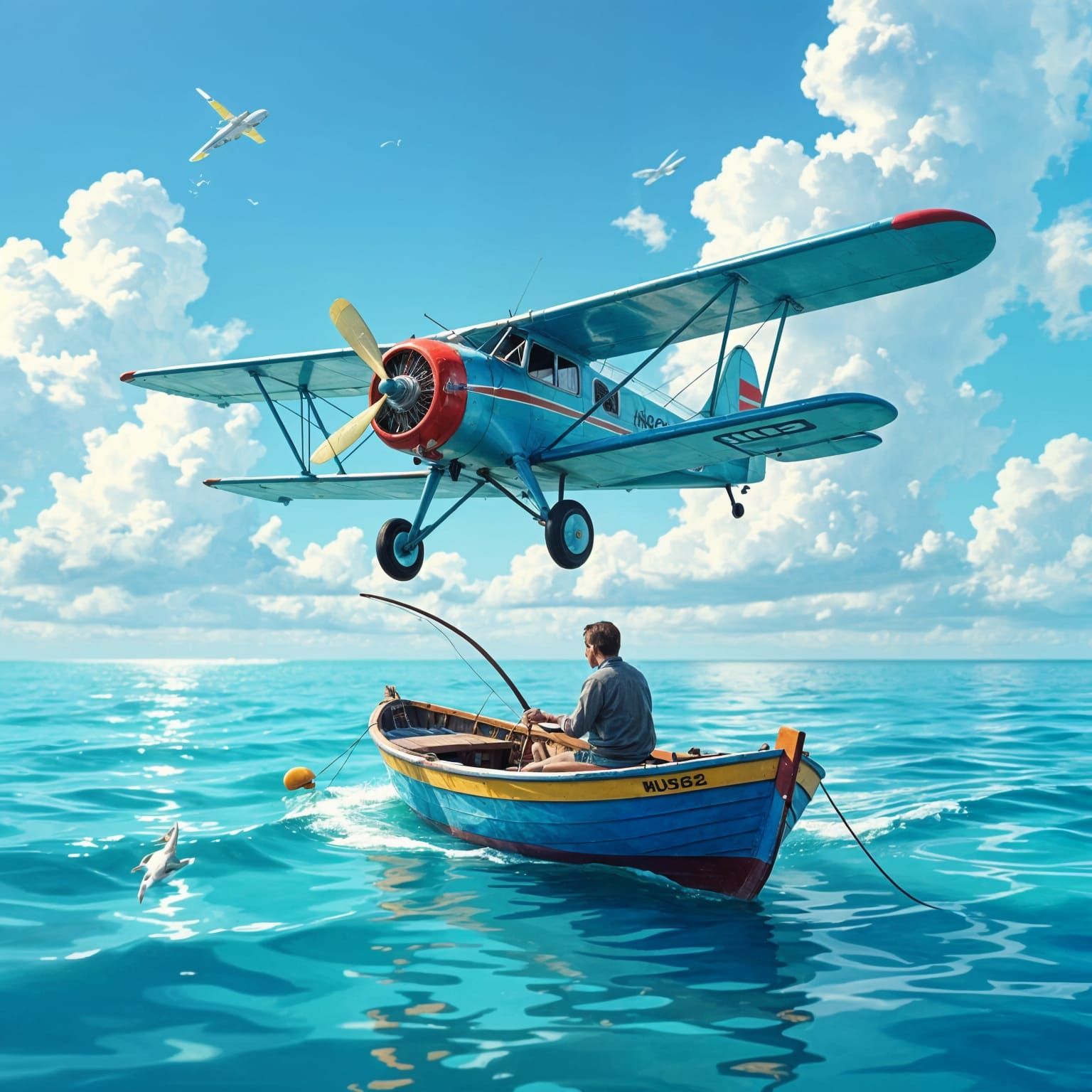 Vintage Biplane Over Fishing Boat on Turquoise Ocean