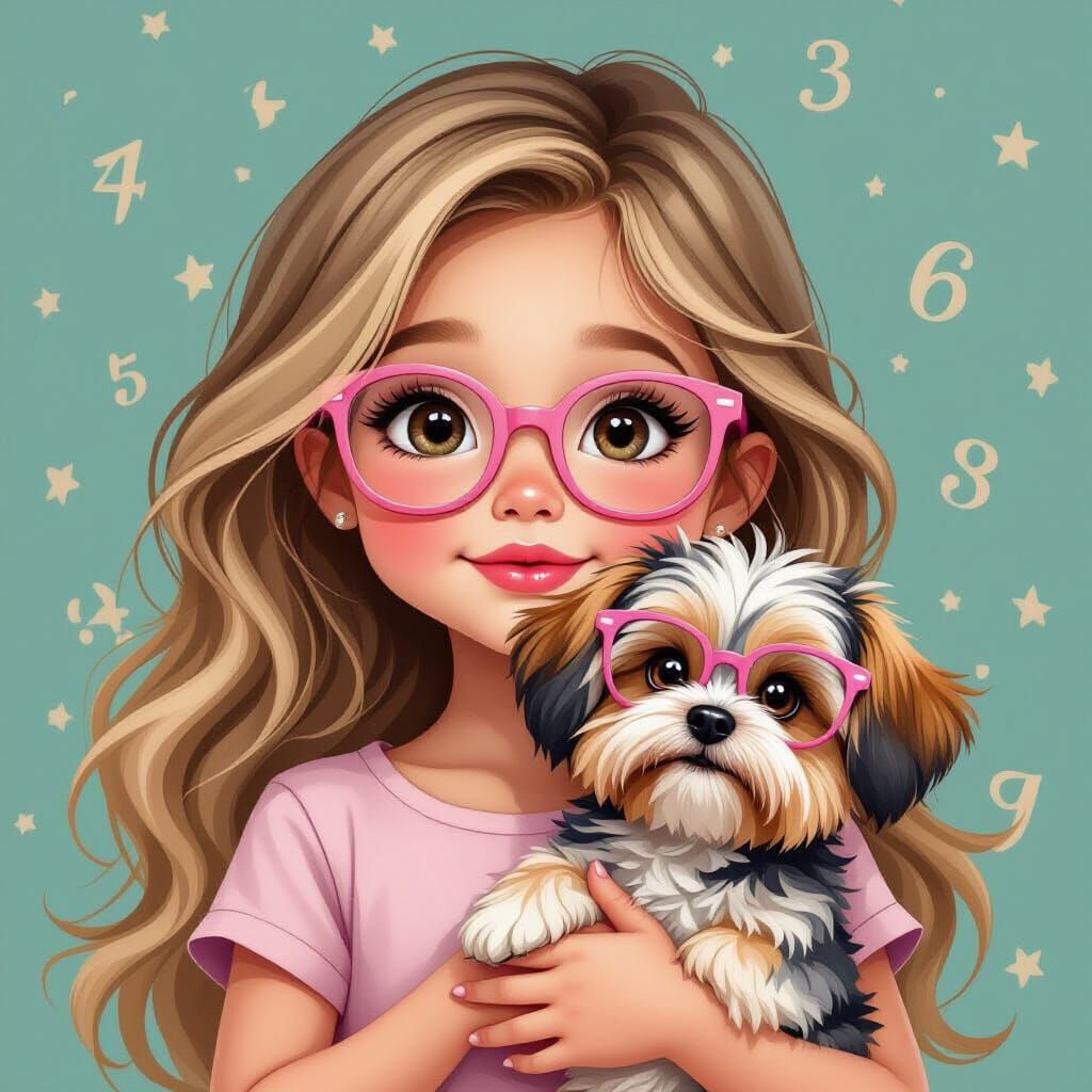 Whimsical Girl with Yorkie and Pink Glasses