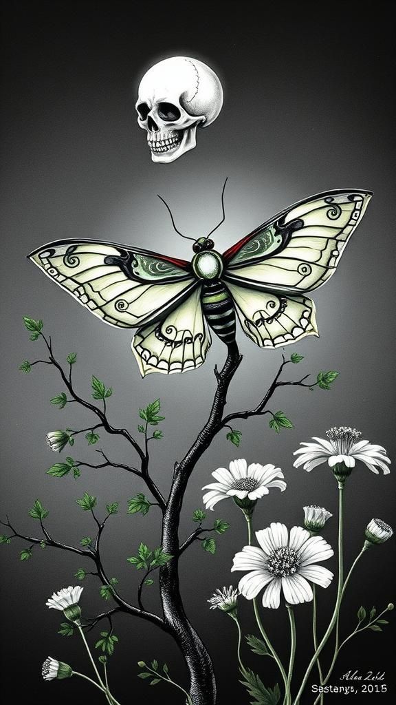 A whimsical sugar skull Death's-head moth, adorned with intr...