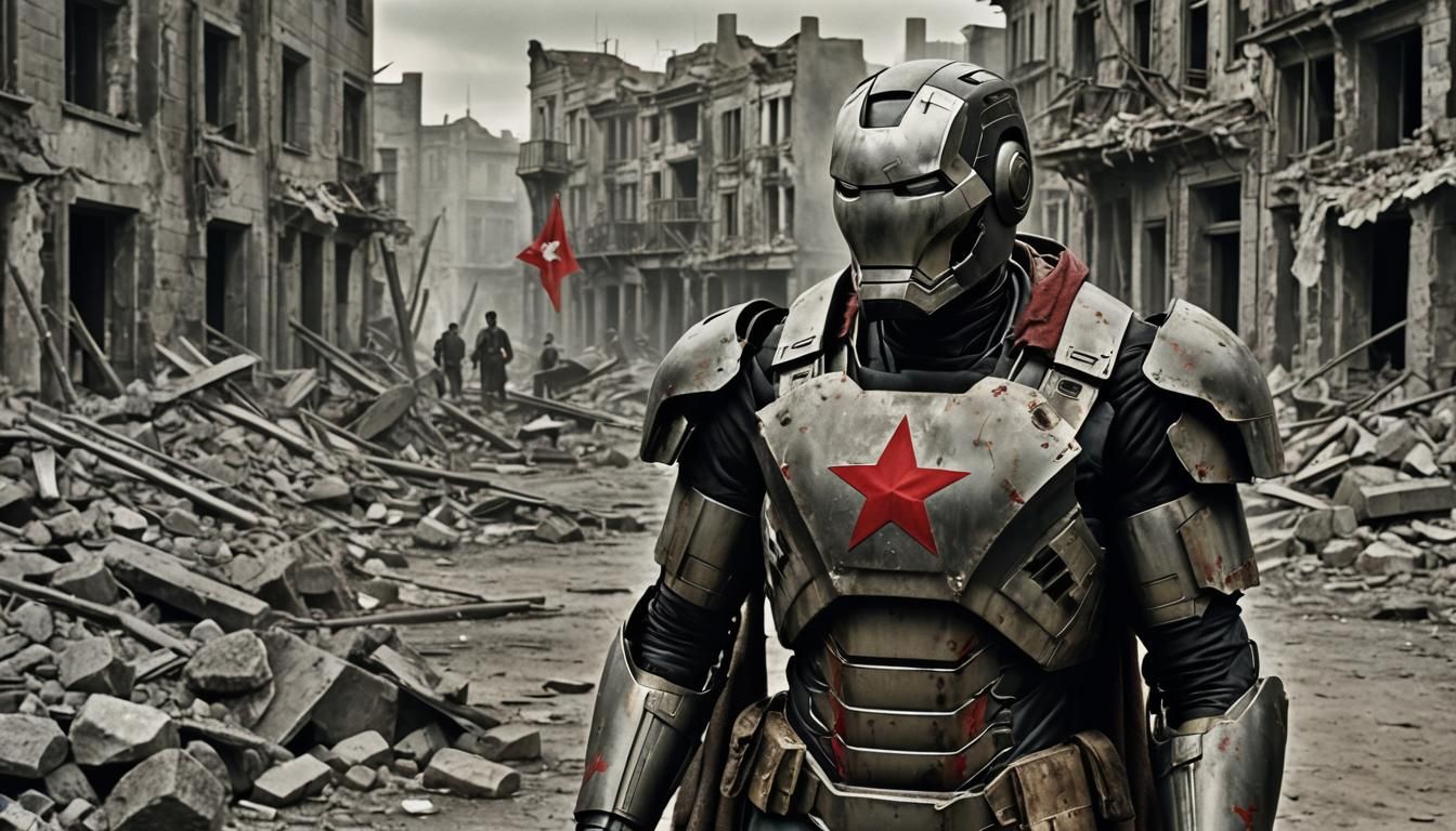 Iron Man War Portrait in Ruined Berlin, Photography Style