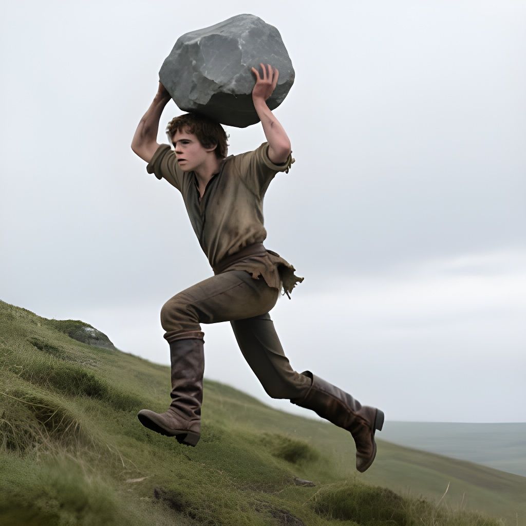 Man Struggles Uphill Carrying Heavy Rock in Photorealistic S...