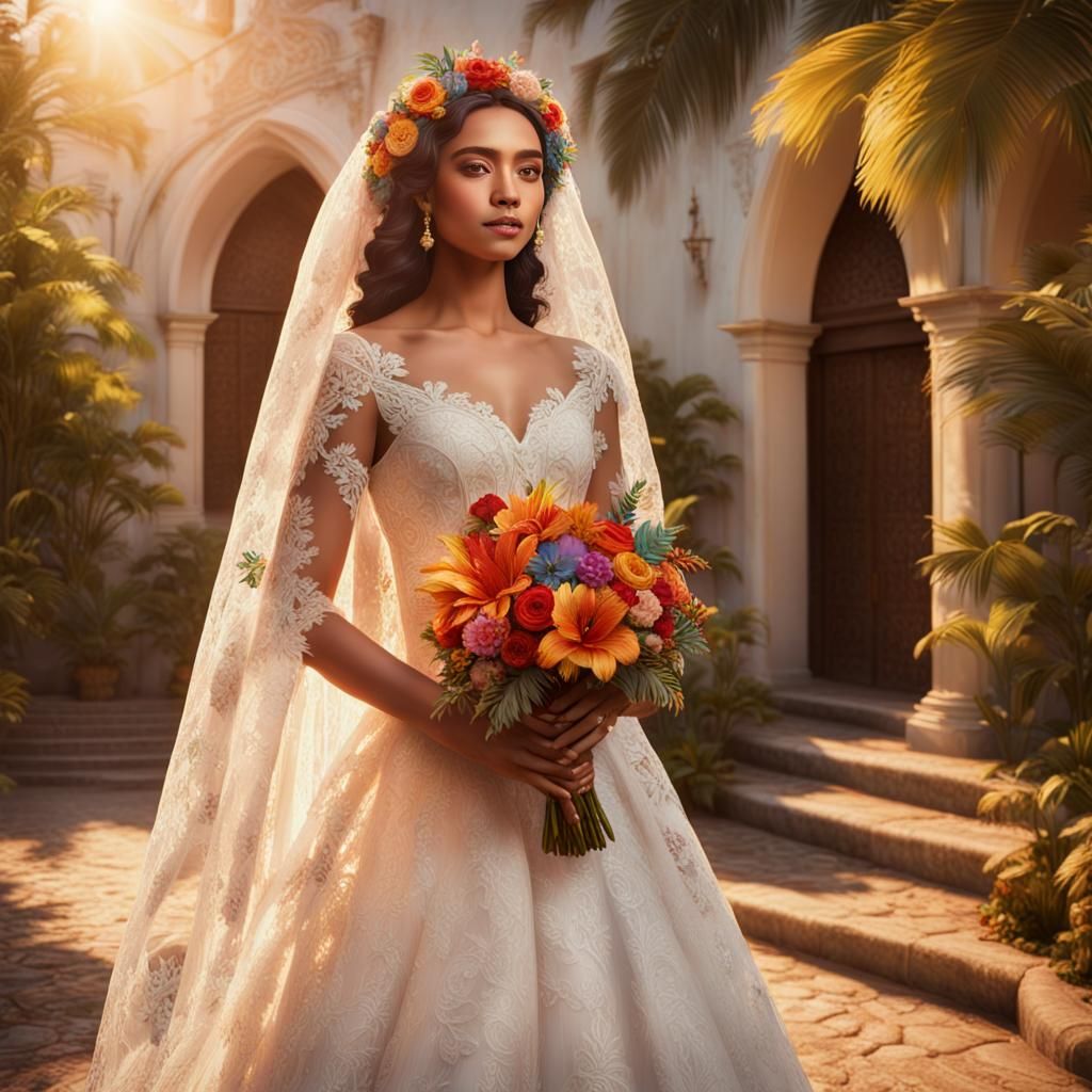 Brazilian Bride in Colonial Courtyard, Art Deco Style