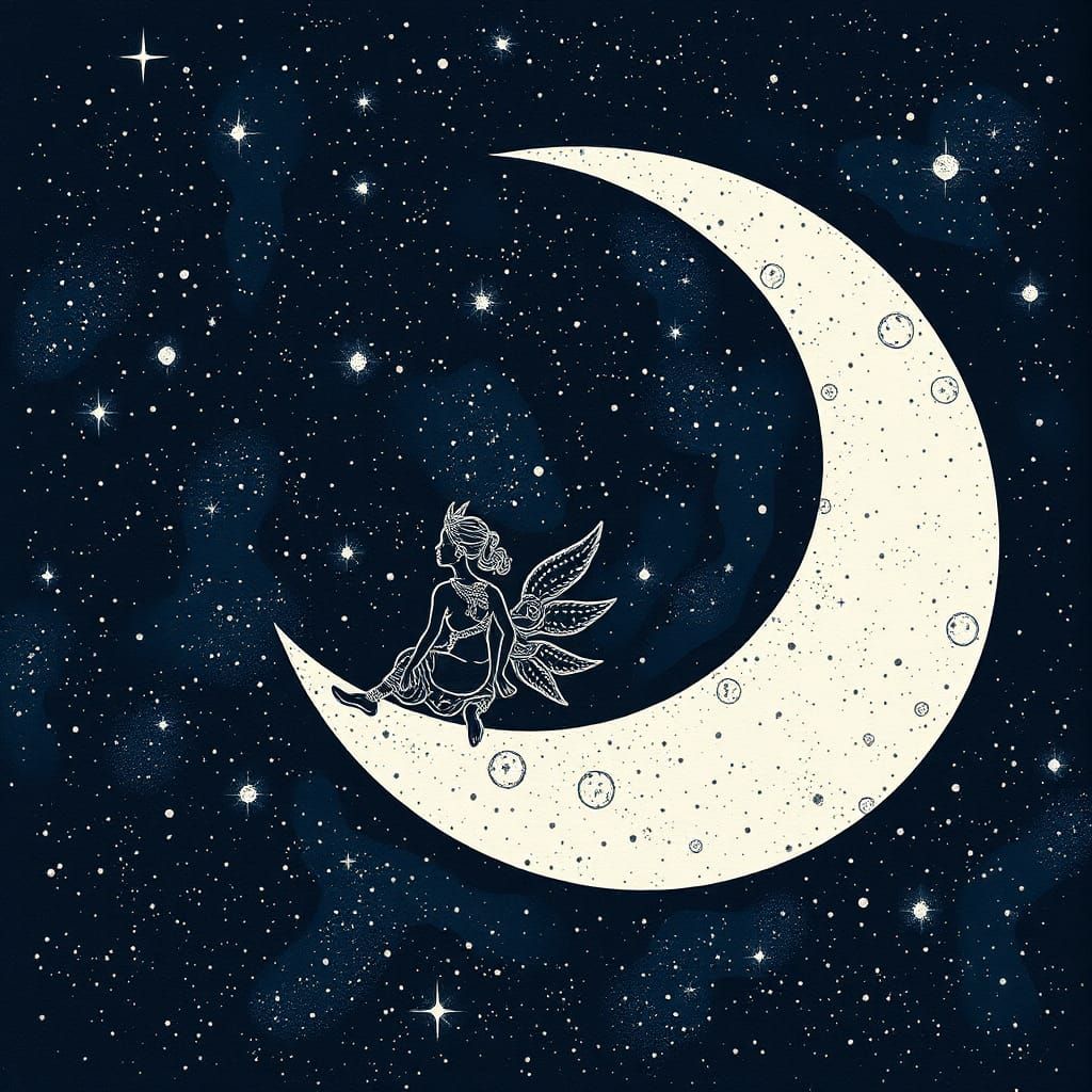 Goddess on Moon in Starry Sky, Mixed Media Art