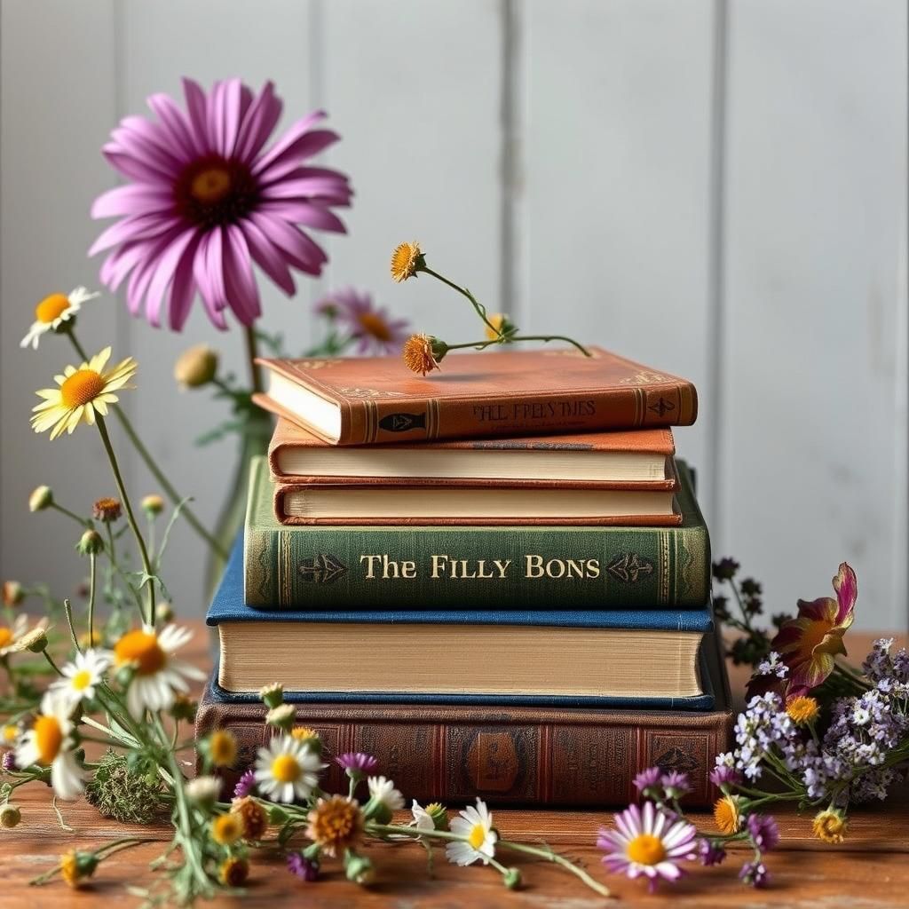 Old Books and Wildflowers Still Life