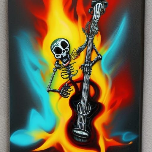 Flaming Skeleton Guitarist in Graffiti Street Art