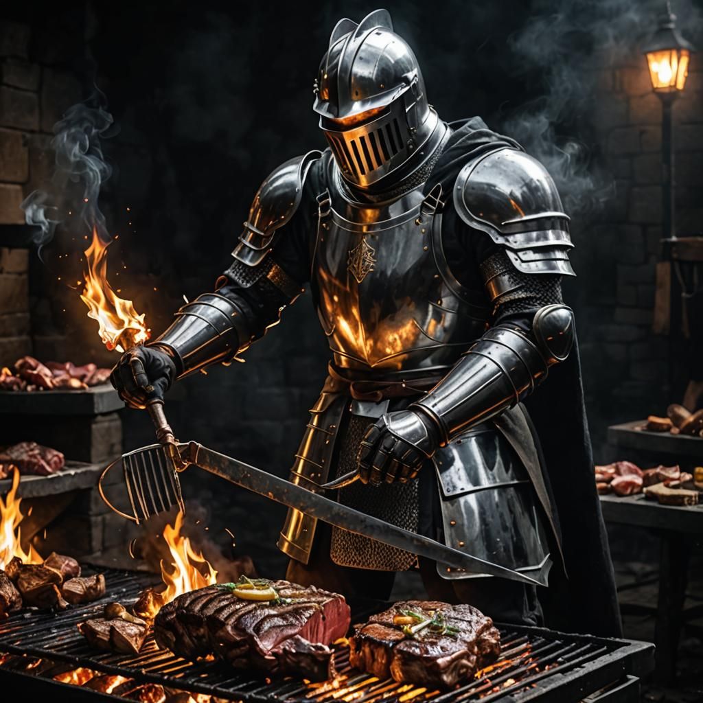 Knight Grilling Meat in Dark Setting