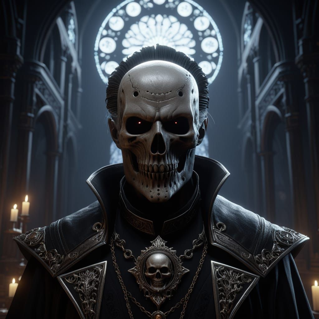 Old Doctor With Death Mask in Dark Laboratory