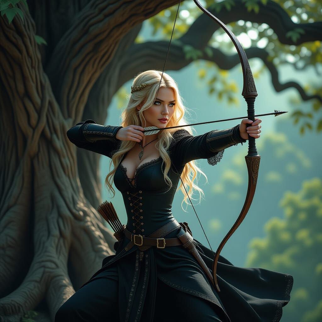 Adventurous Woman in Ancient Tree, Cinematic Digital Paintin...