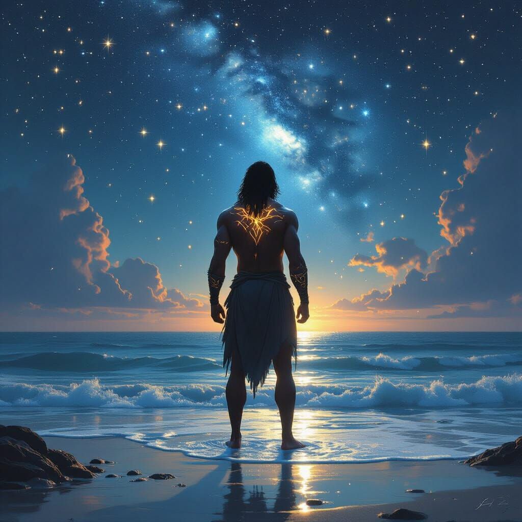 Demigod at Starlit Ocean's Edge in Dark Fantasy Style