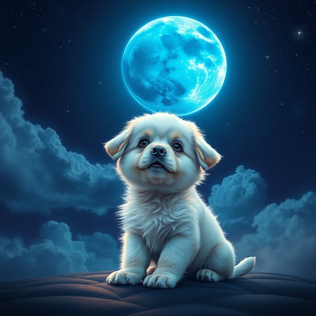Whimsical Puppy Contemplates Majestic Full Moon