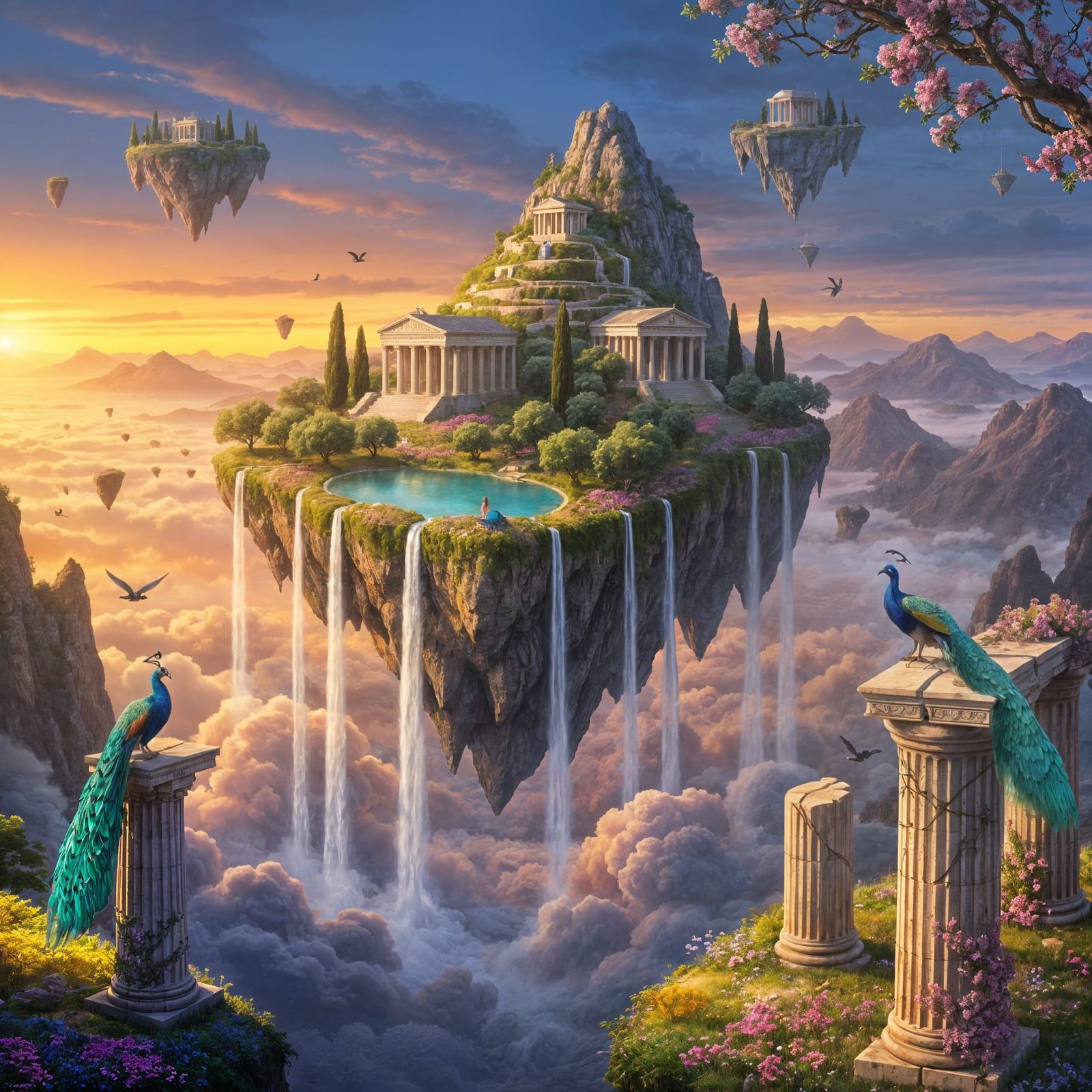 Hudson River School Floating Island Paradise at Golden Hour