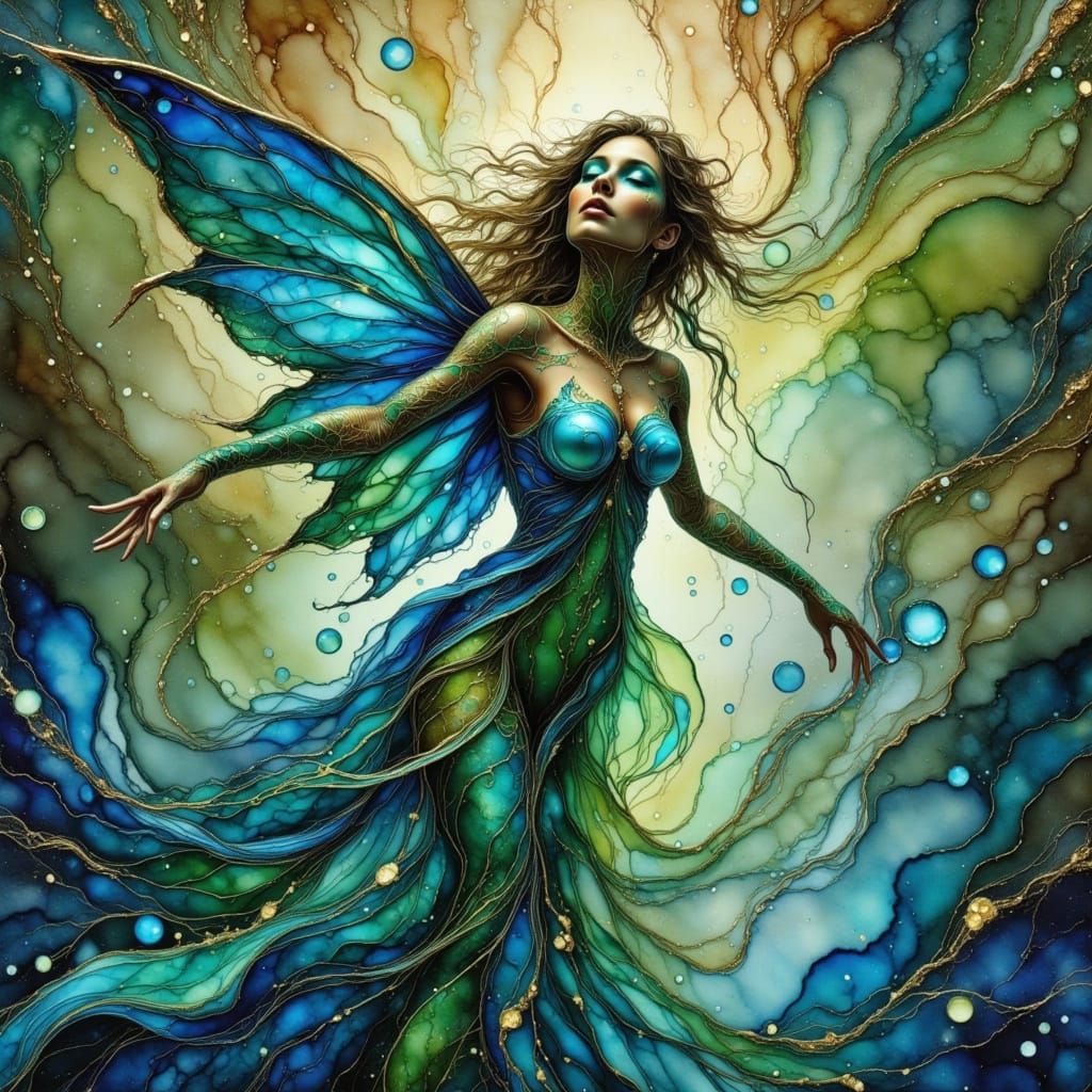Nymphlike Water Sprite in Shades of Blue and Green