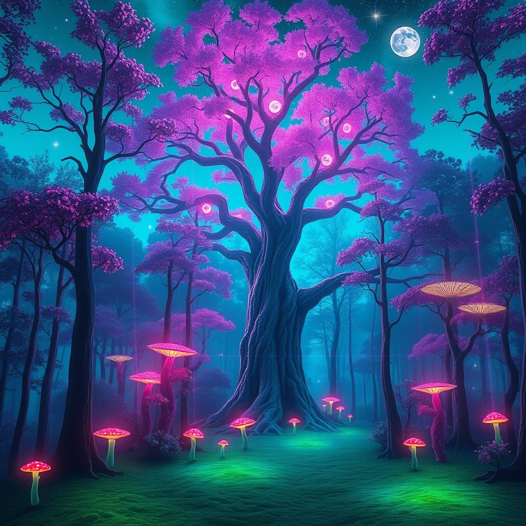 Dreamlike Landscape Illuminated by Glowing Bioluminescent Fl...