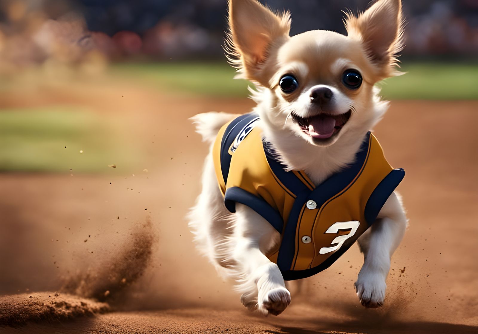 Tiny chihuahua dashing toward the home plate, eyeing that home run!