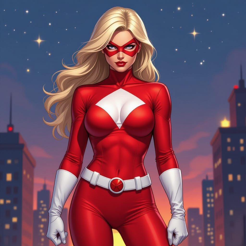 Blonde Superheroine in Red Jumpsuit Over Cityscape