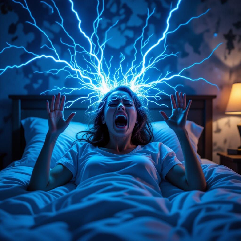 Woman Screaming in Bed as Neon Electricity Attacks
