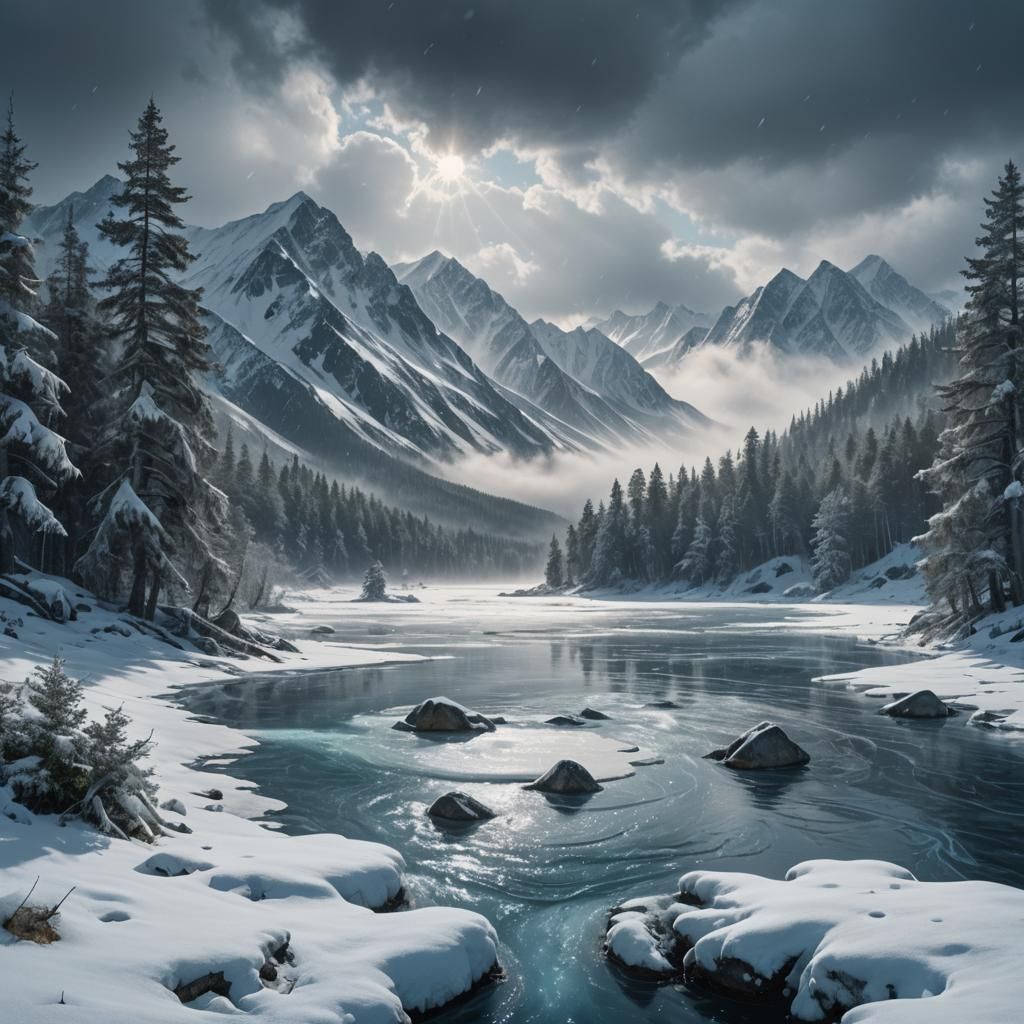 Frozen Siberian Lake with Altai Mountains