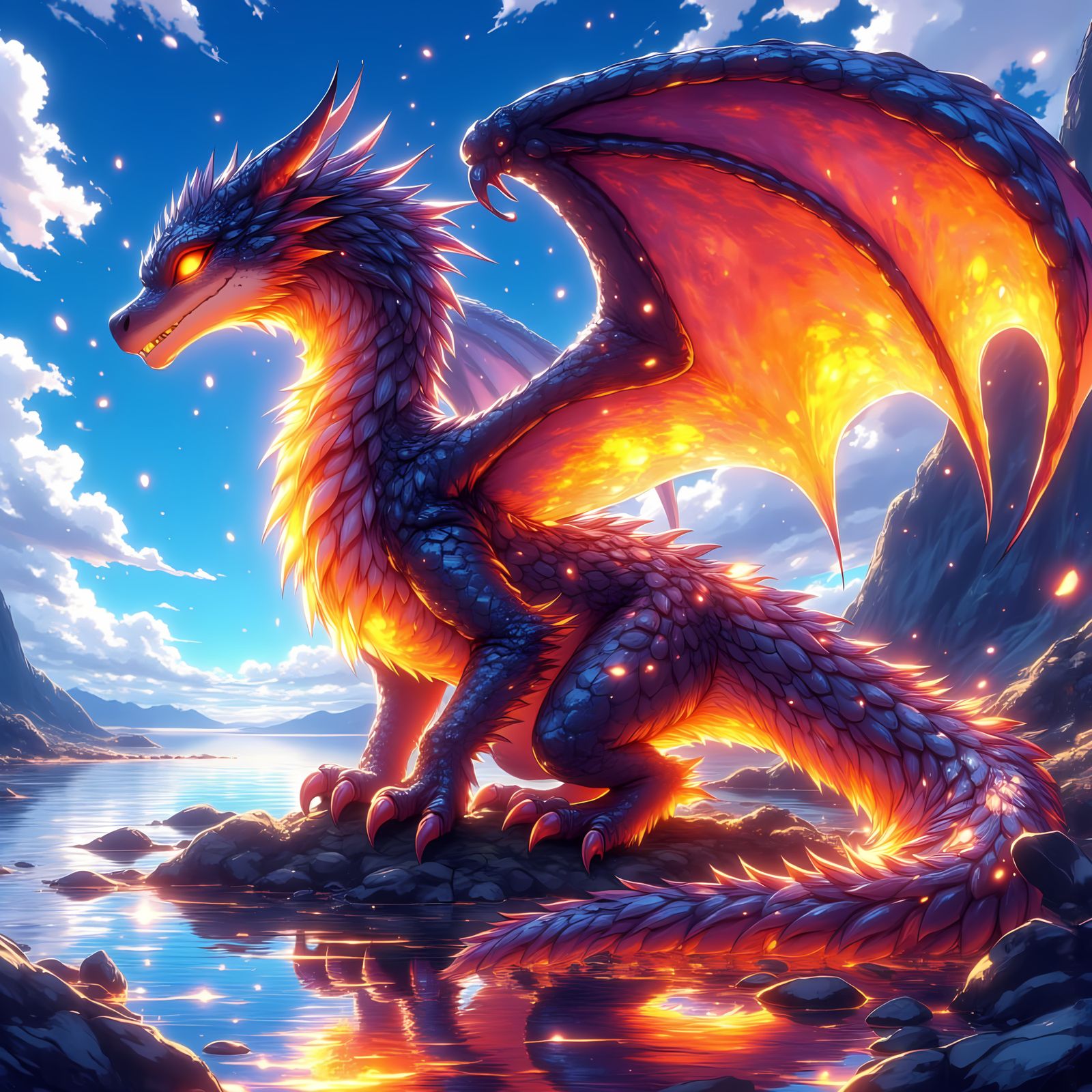 Magma Dragon Posing in Anime-Style Blue Sky