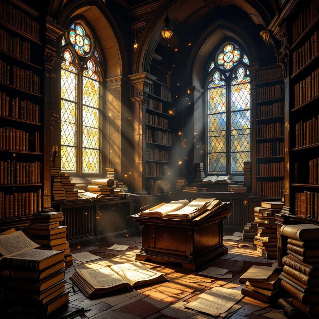 Ancient Library with Stained Glass, in Baroque Style