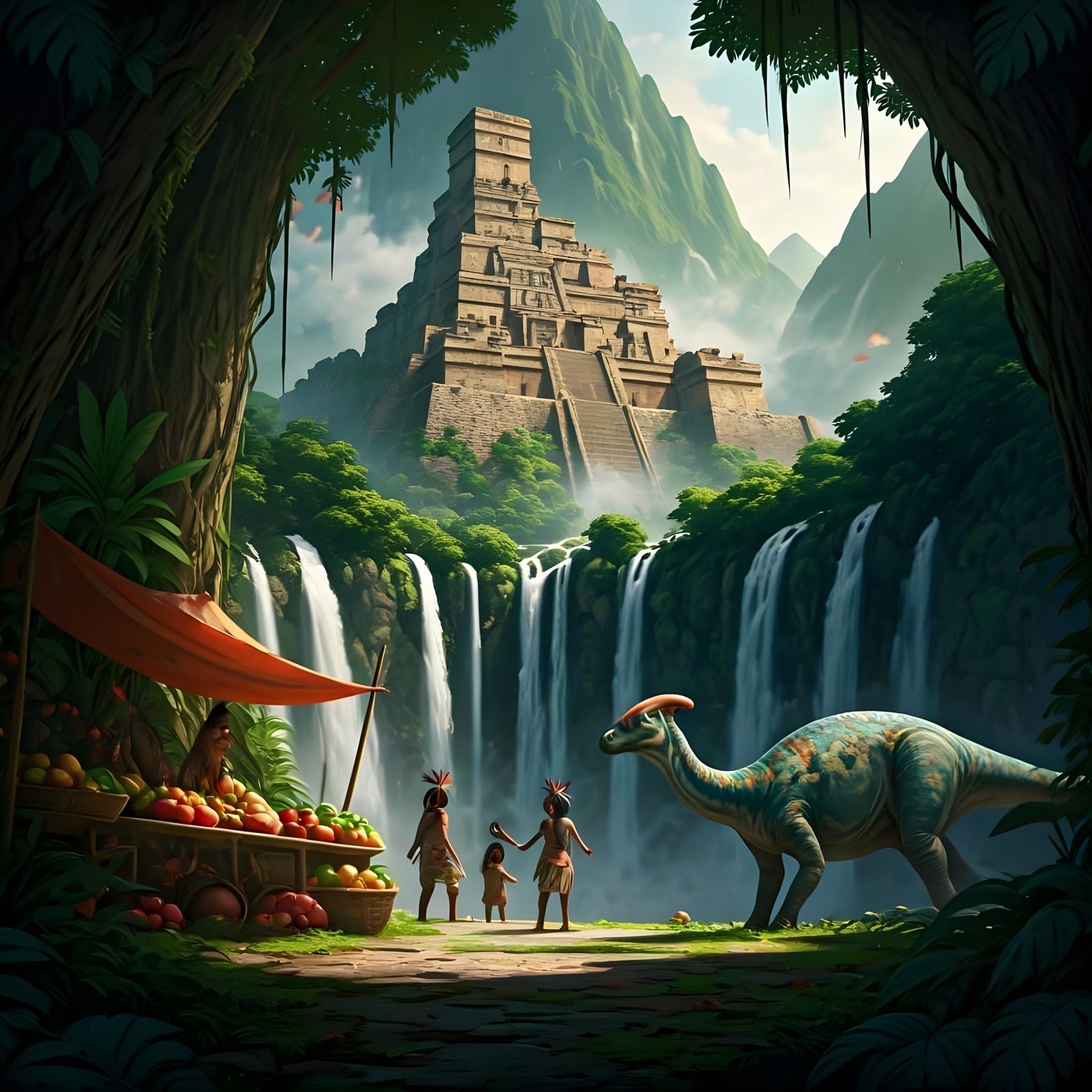 Ancient Aztec City Scene with Parasaurolophus, Fantasy Art