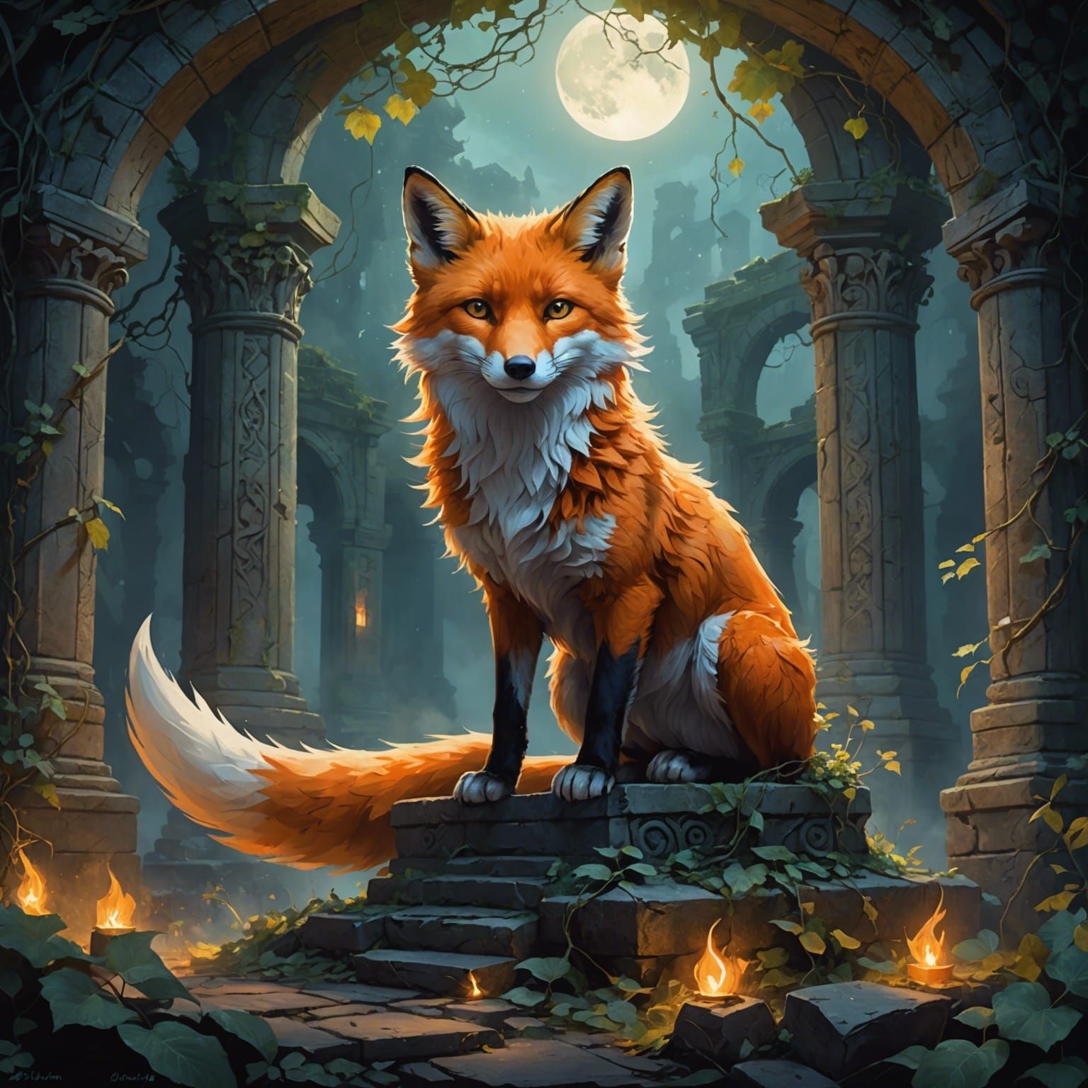 Spectral Fox Guardian Emerges from Temple Ruins