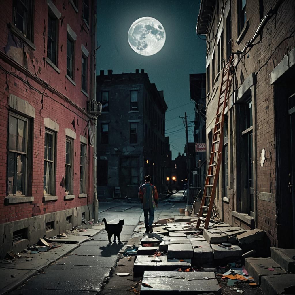 Man, Cat, and Ladder in Film Noir Style