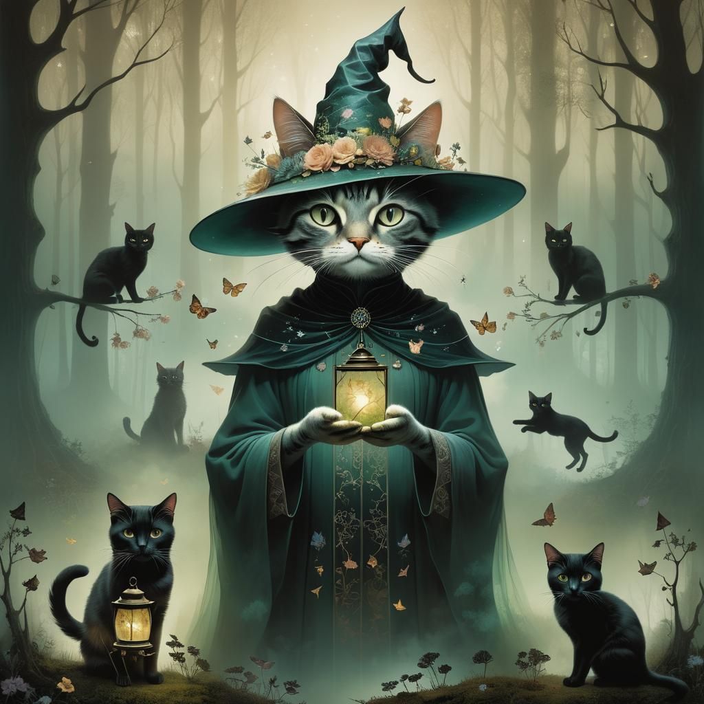 Anthropomorphic Cat Witch in Double Exposure Image